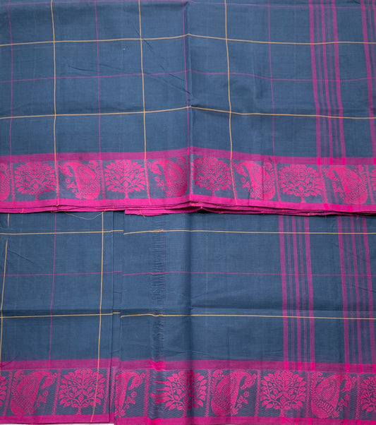Chettinad Cotton Saree Navy Blue Colour with Pink Border