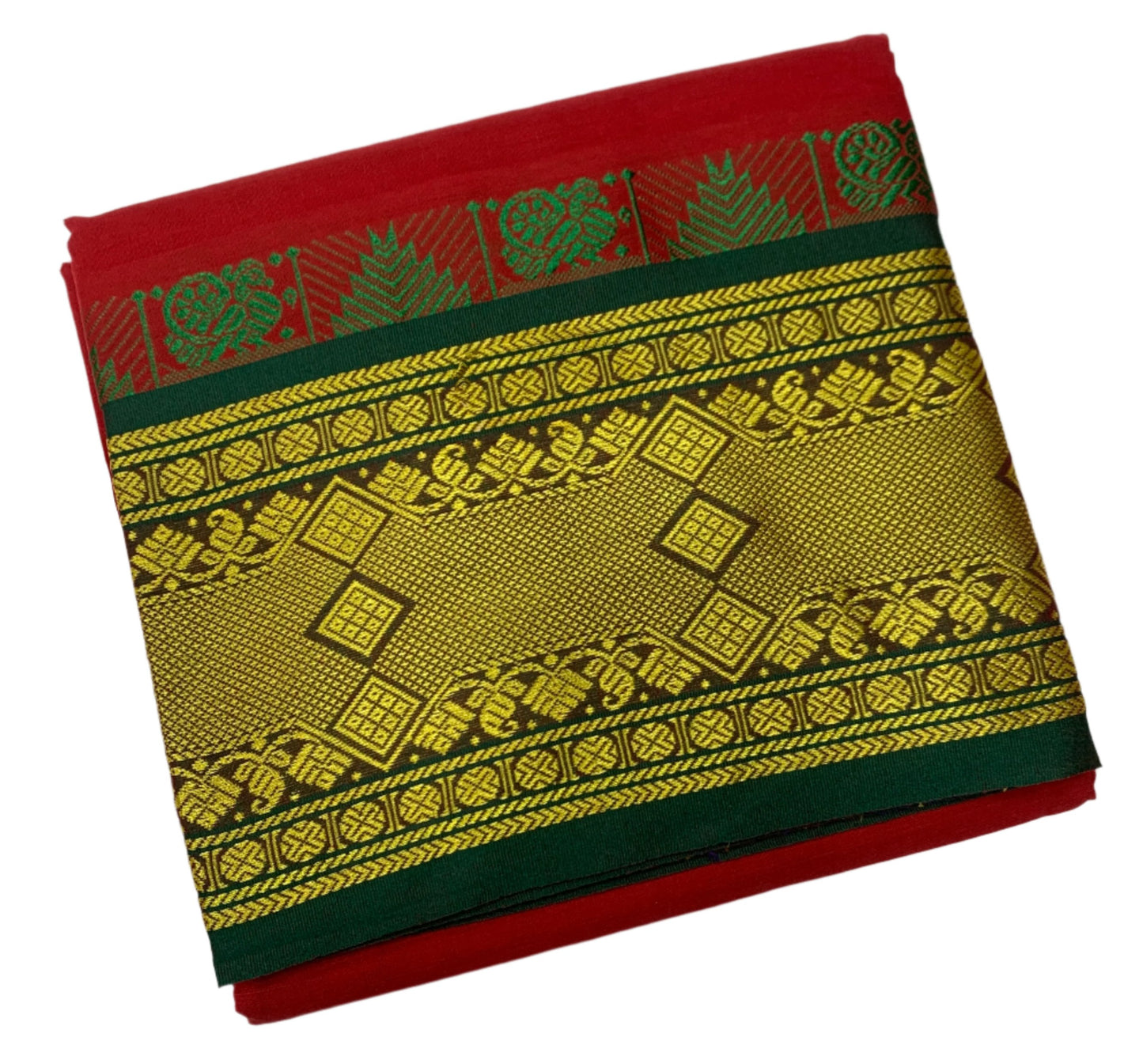 9X5 Cotton Dhoti Red Colour with Green and Blue Border