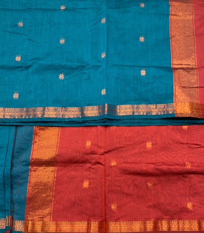 Peacock Green Colour Silk Cotton Saree with Copper Zari Border