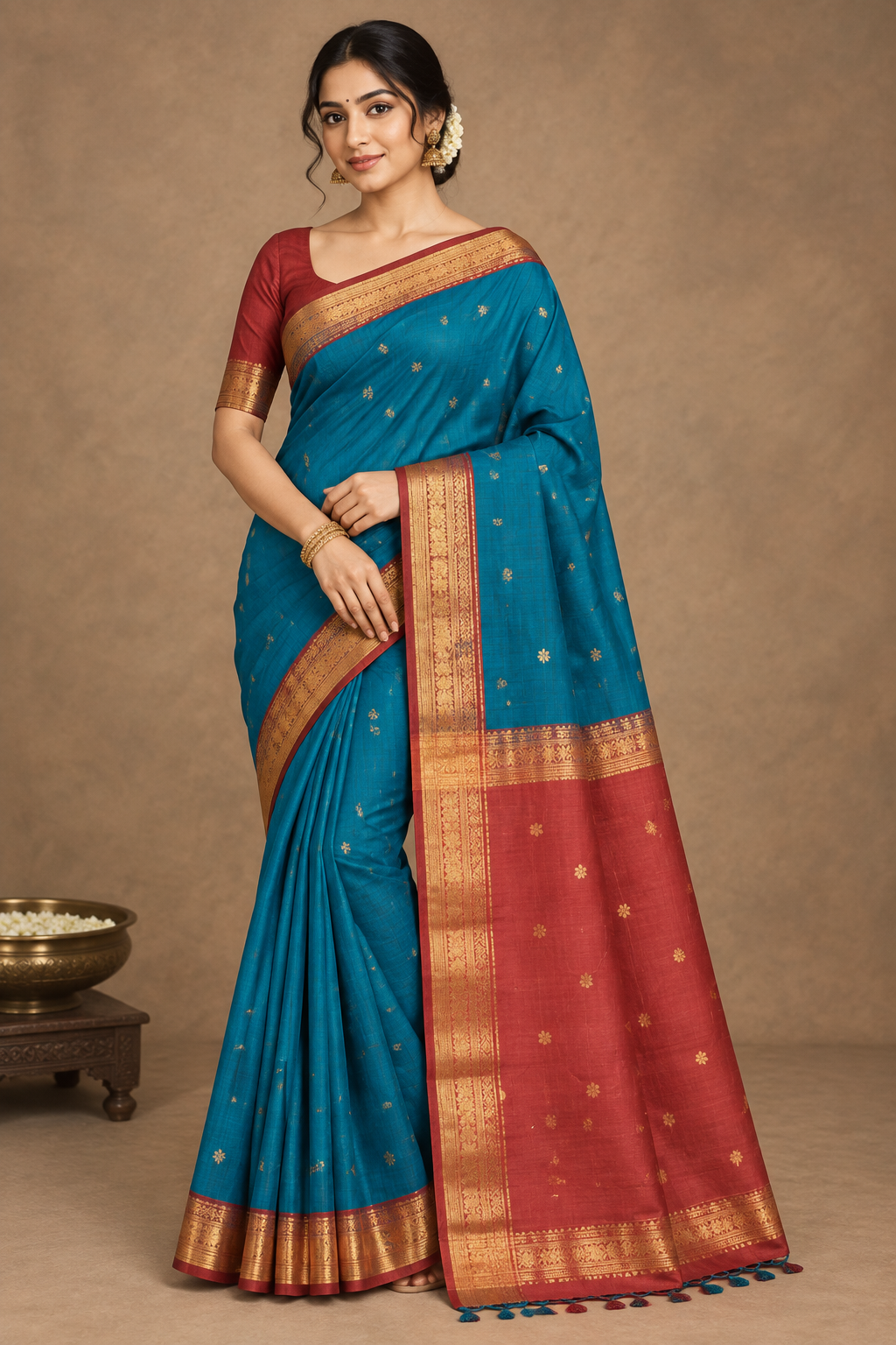 Peacock Green Colour Silk Cotton Saree with Copper Zari Border