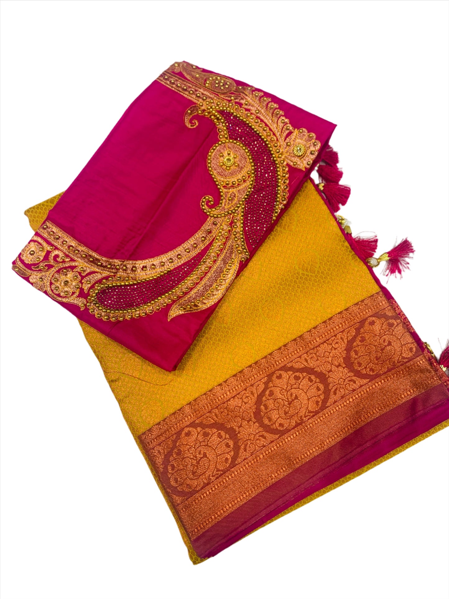 Bridal Vegan Silk Saree Yellow shade with Copper Border with Unstitched blouse in Aari work