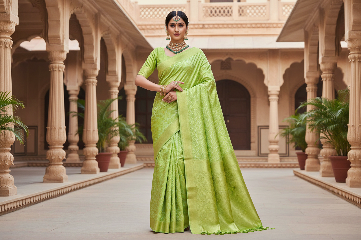 Banaras Katan Saree Apple Green Colour with Katan Work Border