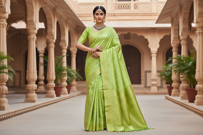 Banaras Katan Saree Apple Green Colour with Katan Work Border