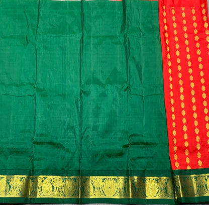 Red Shade Pure Kanchipuram Kids Pattu Pavadai with Contrast Border for age 2 to 5