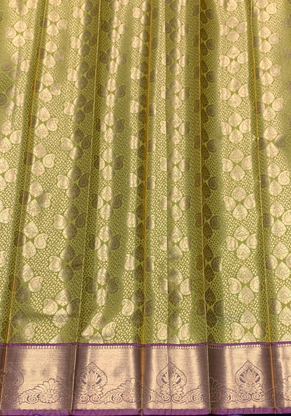 Vegan Silk Saree Lime Green Colour with Copper and Pink Border