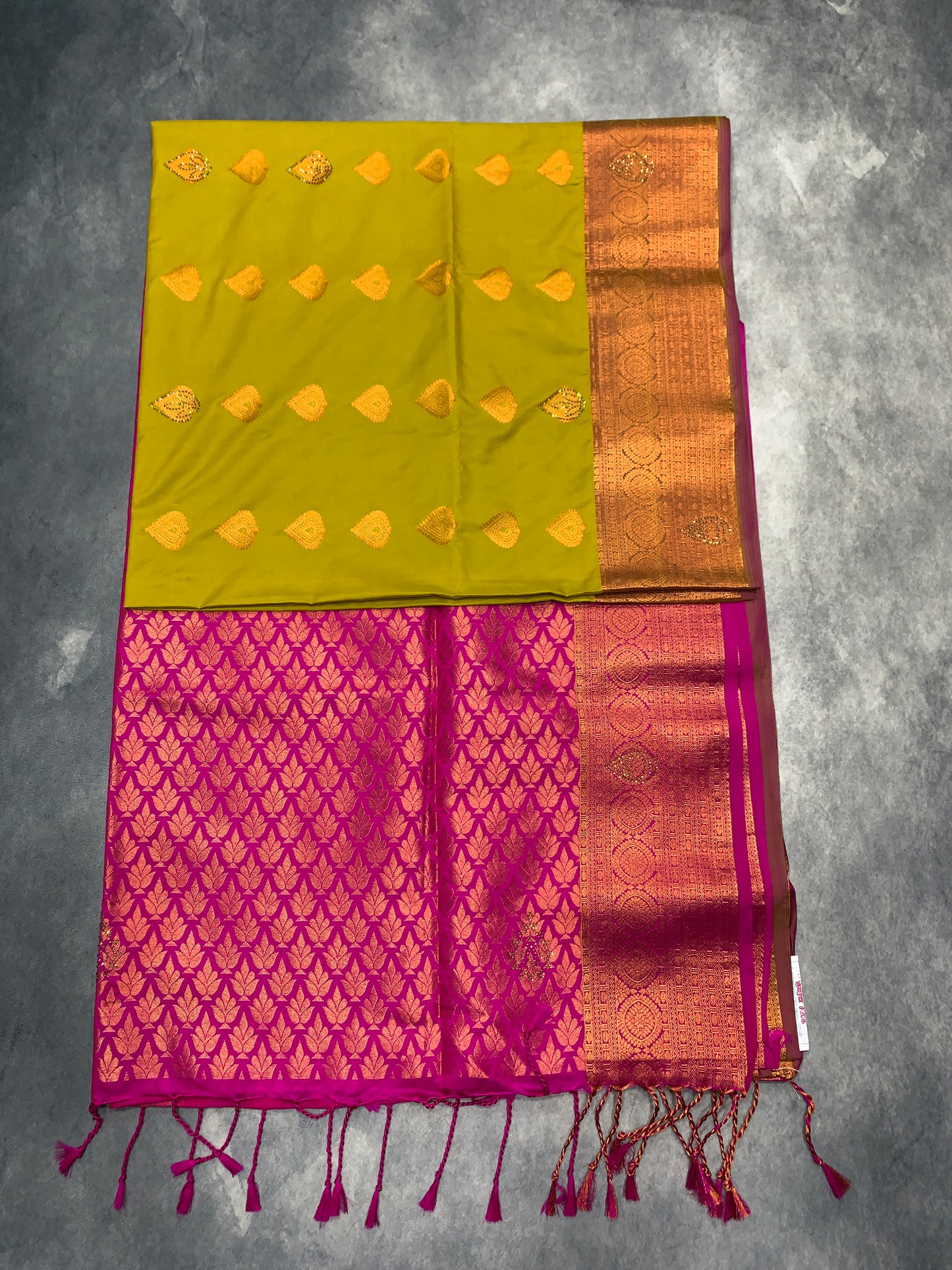 Soft Vegan Silk Saree Lime Green Colour with Pink and Copper Border