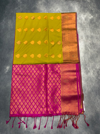 Soft Vegan Silk Saree Lime Green Colour with Pink and Copper Border