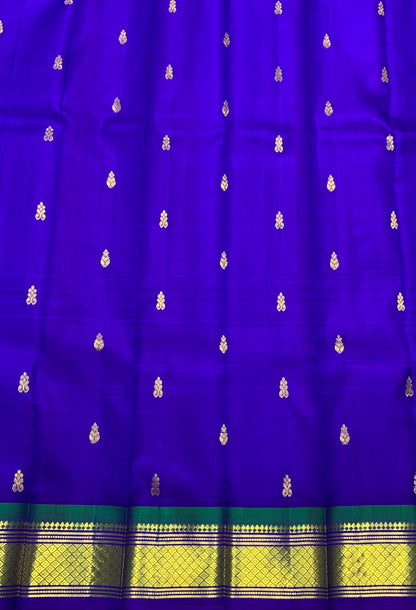 Pure Kanchipuram Silk Saree Blue Colour with Green and Gold Zari Border