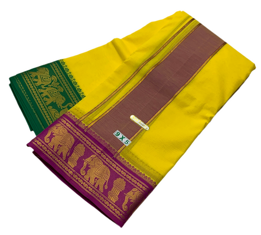 9X5 Cotton Dhoti Yellow Pink and Green Border with Angavastram