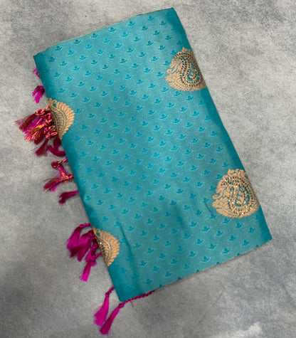 Soft Vegan Silk Saree Sapphire Colour with Pink and Copper Border