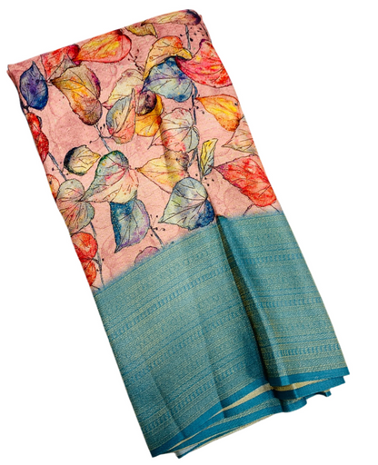 Digital Print Silk Saree Baby Pink Colour with Leaf Design