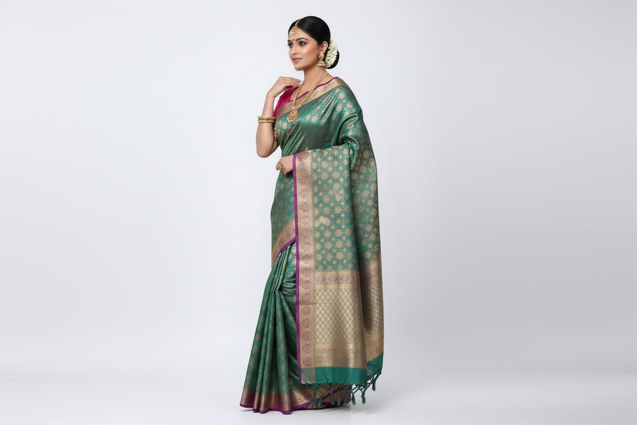 Vegan Silk Saree Olive Green Colour with Pink and Copper Border
