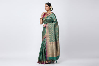 Vegan Silk Saree Olive Green Colour with Pink and Copper Border