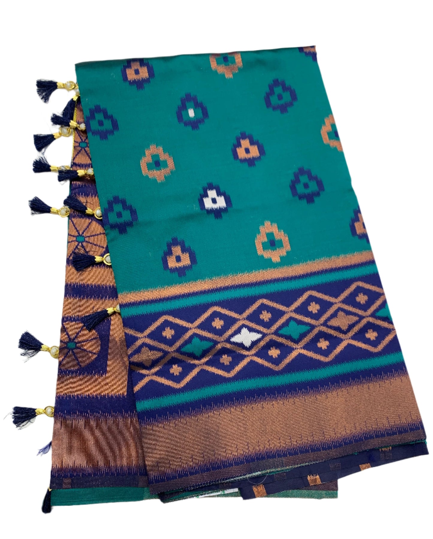 Pochampalli Semi Silk Saree Peacock Green Colour with Blue Border