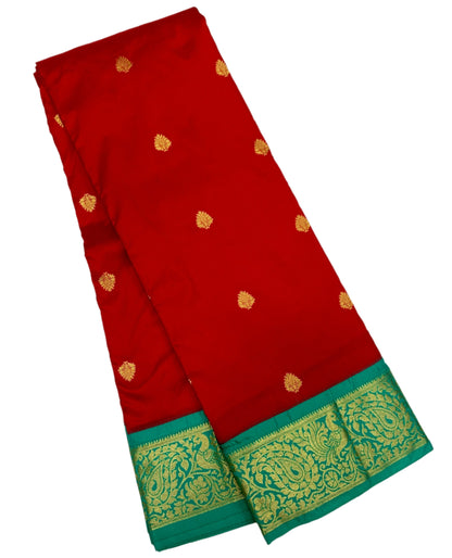 Pure Kanchipuram Silk Saree Red Colour with  Rama Green Border