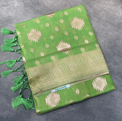 Banaras Katan Saree Apple Green Colour with Katan Work Border