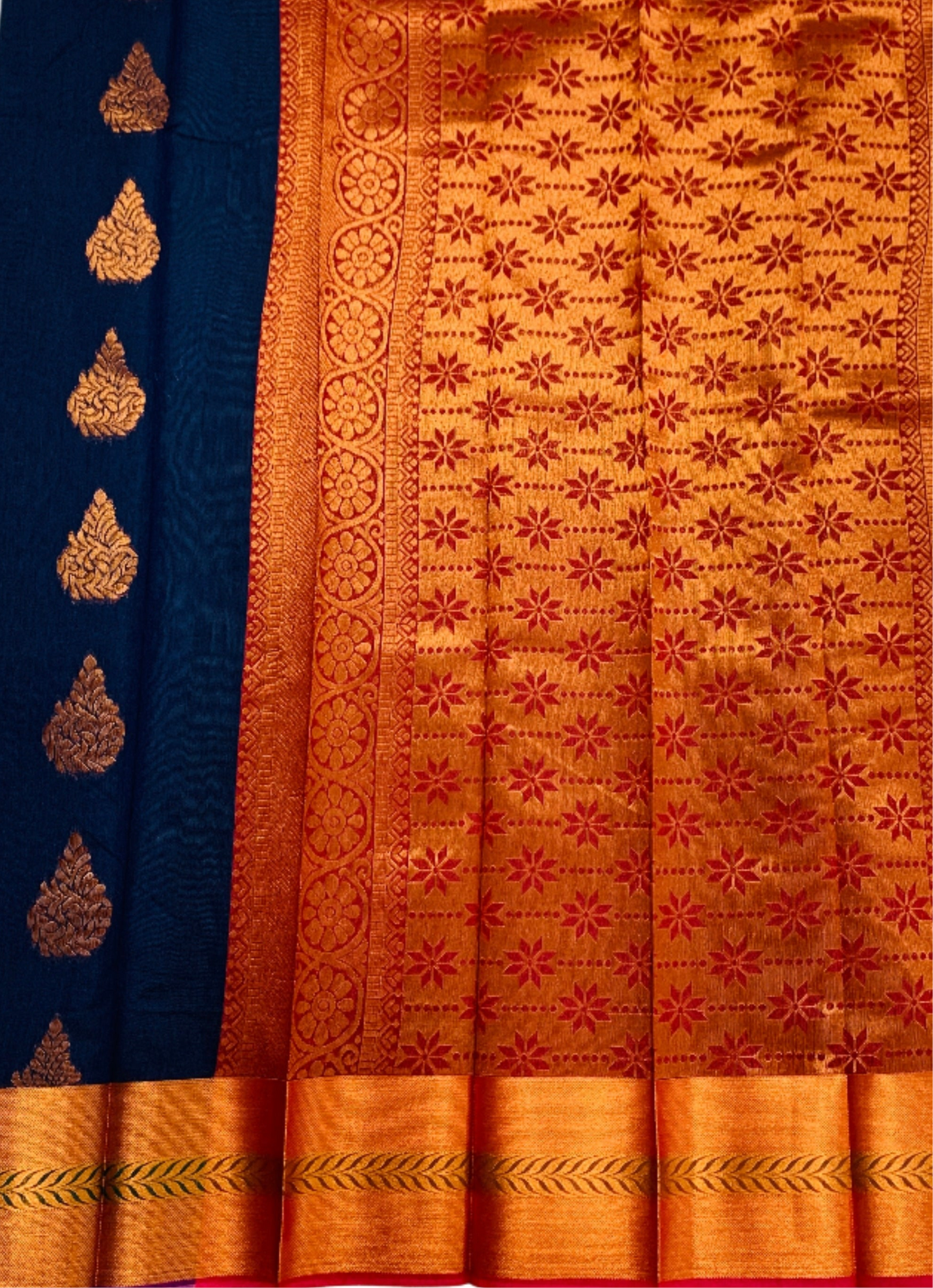 Navy Blue Shade Silk Cotton Saree with Copper Zari Border