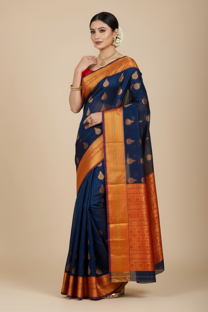 Navy Blue Shade Silk Cotton Saree with Copper Zari Border