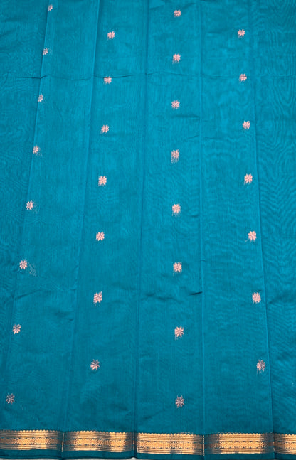 Peacock Green Colour Silk Cotton Saree with Copper Zari Border