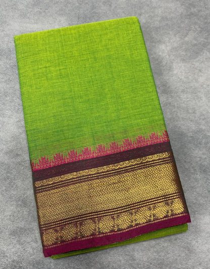 Chettinad Cotton Saree Olive Green Colour with Purple Border