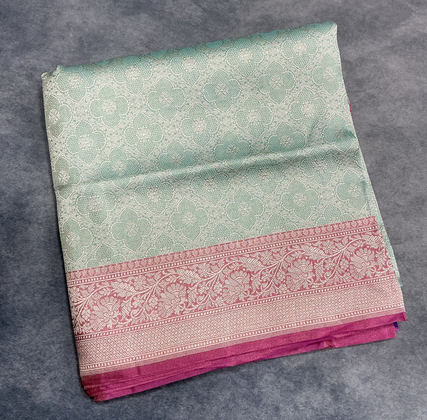 Pure Banaras Silk Saree Mint Green Colour with Rani Pink Banarasi border