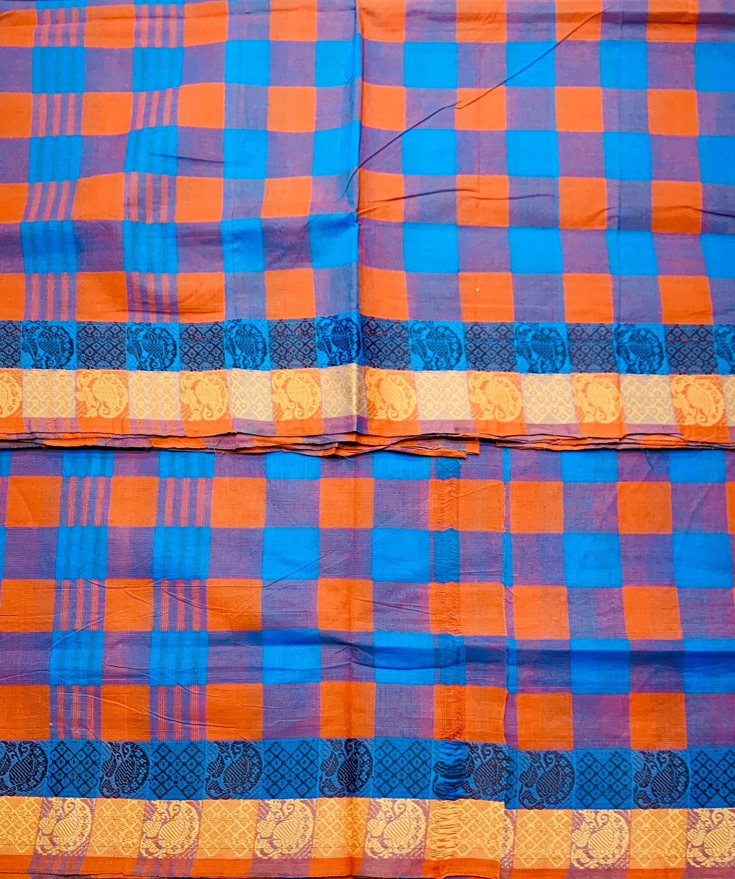 Chettinad Cotton Saree Blue and Orange Colour with Checked Design