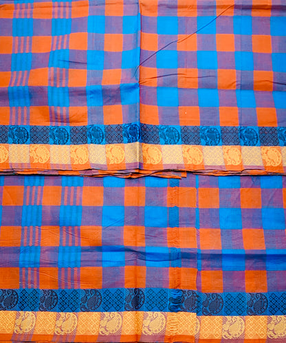 Chettinad Cotton Saree Blue and Orange Colour with Checked Design