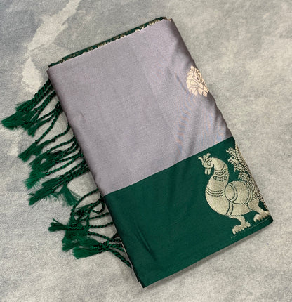Art Silk Saree Gray Colour with Green Colour Border