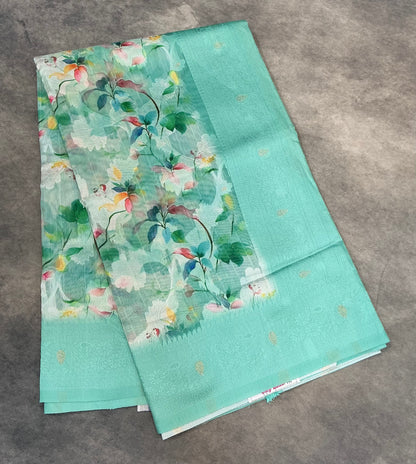 Digital Print Cotton Saree Sapphire Colour with Floral Pattern