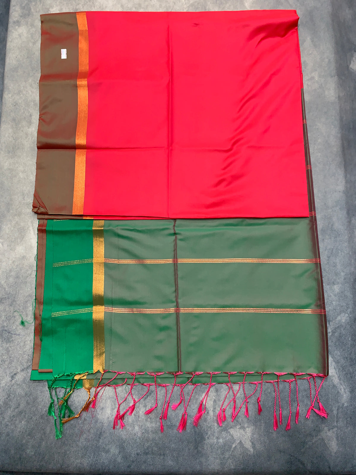 Art Silk Saree Red Colour with Green and Copper Border