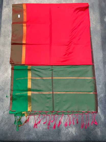Art Silk Saree Red Colour with Green and Copper Border