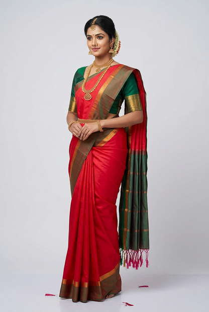 Art Silk Saree Red Colour with Green and Copper Border