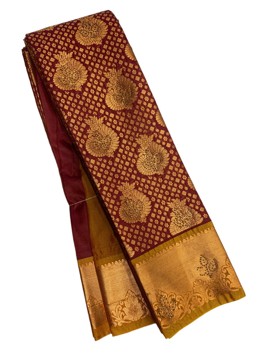 Vegan Silk Saree Maroon Colour with Copper and Golden Yellow Border