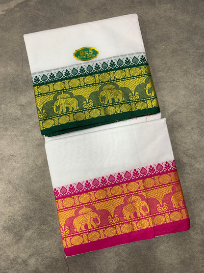 9X5 Cotton Dhoti White Colour with Green and Pink Border with Angavastarm