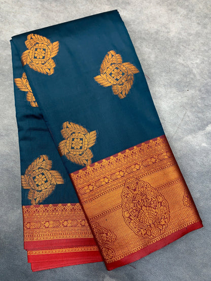 Soft Silk Casual Saree Navy Blue Colour with Maroon and Golden Colour Border