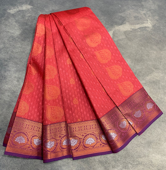 Vegan Silk Saree Peach Pink Colour Saree with Copper Border
