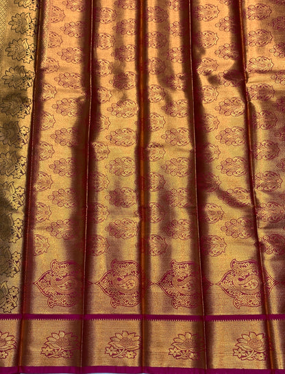 Vegan Silk Saree Olive Green Colour with Copper and Pink Border