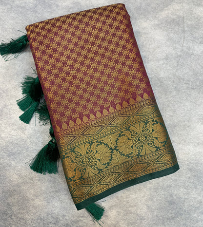 Crepe Saree Maroon Colour with Green Border