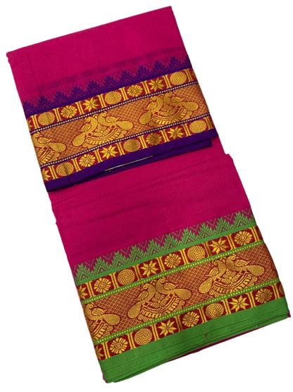 9X5 Cotton Dhoti Pink Colour with Blue and Green Border