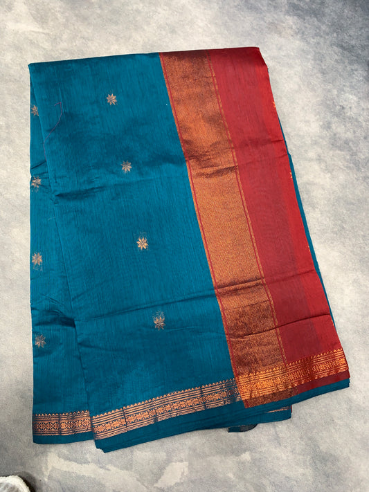 Peacock Green Colour Silk Cotton Saree with Copper Zari Border