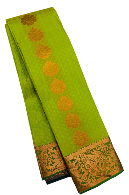 Vegan Silk Saree Apple Green Colour with Copper and Green Border