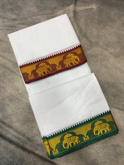9X6 Cotton Dhoti White Colour with Maroon and Green Border with Angavastram