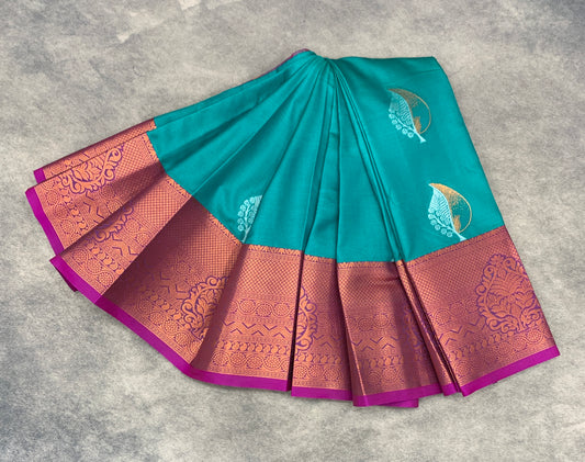 Soft Silk Casual Saree Sapphire Colour with Pink Colour Border