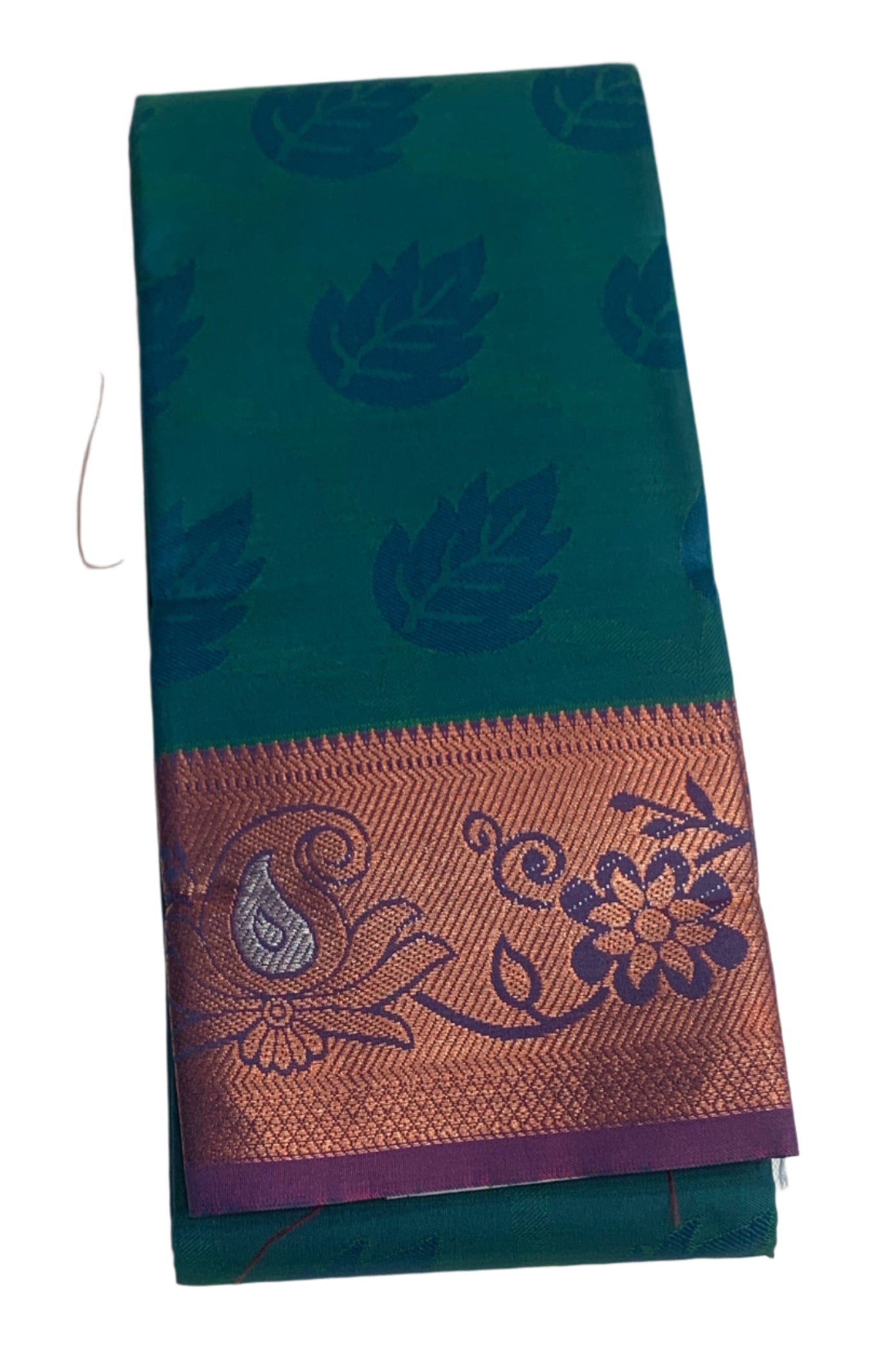 Synthetic Cotton Saree Peacock Green Shade with Copper Zari Border