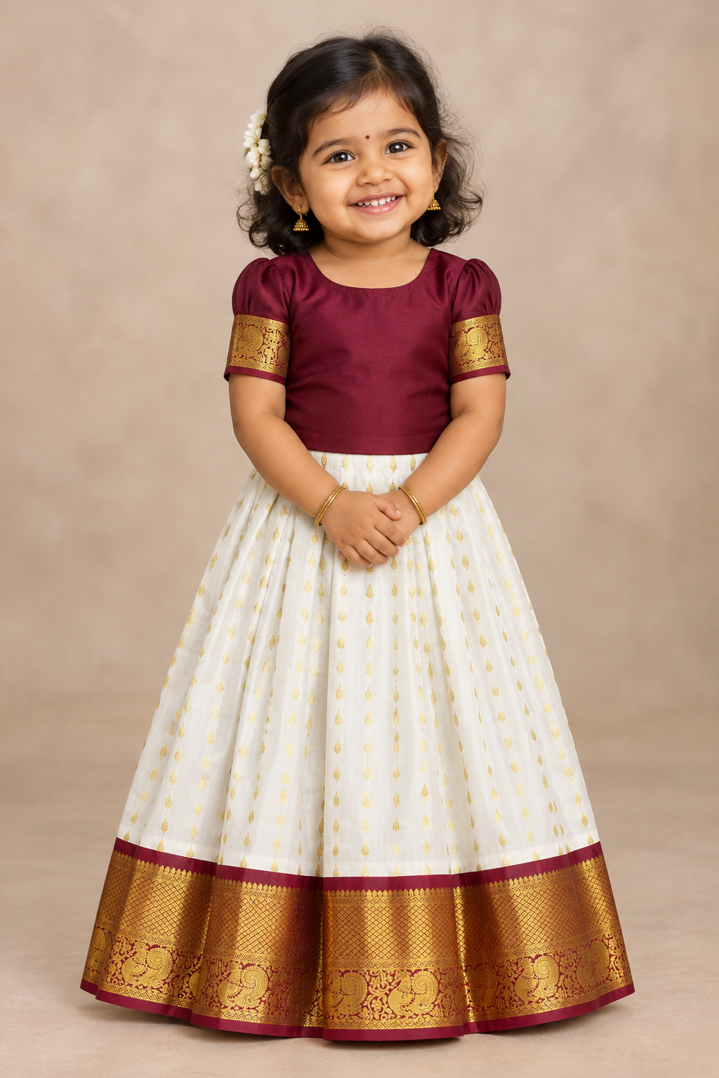Ivory Shade Pure Kanchipuram Kids Pattu Pavadai with Contrast Border for age 5 to 10
