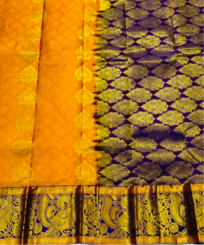 Vegan Silk Saree Yellow Shade with Blue Border