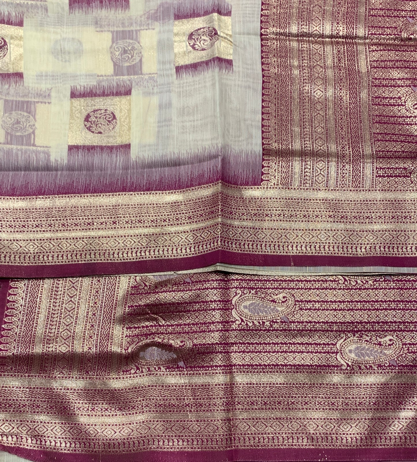 Banaras Katan Saree Off White Colour with Purple Katan Work Border