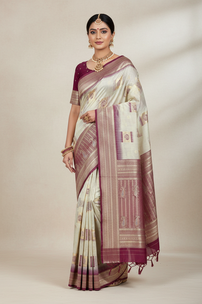 Banaras Katan Saree Off White Colour with Purple Katan Work Border