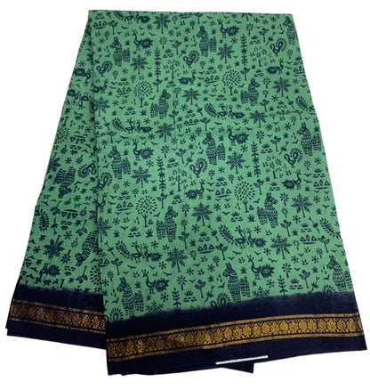 Chettinad Sungudi Cotton Mint Green Colour with Navy Blue Border