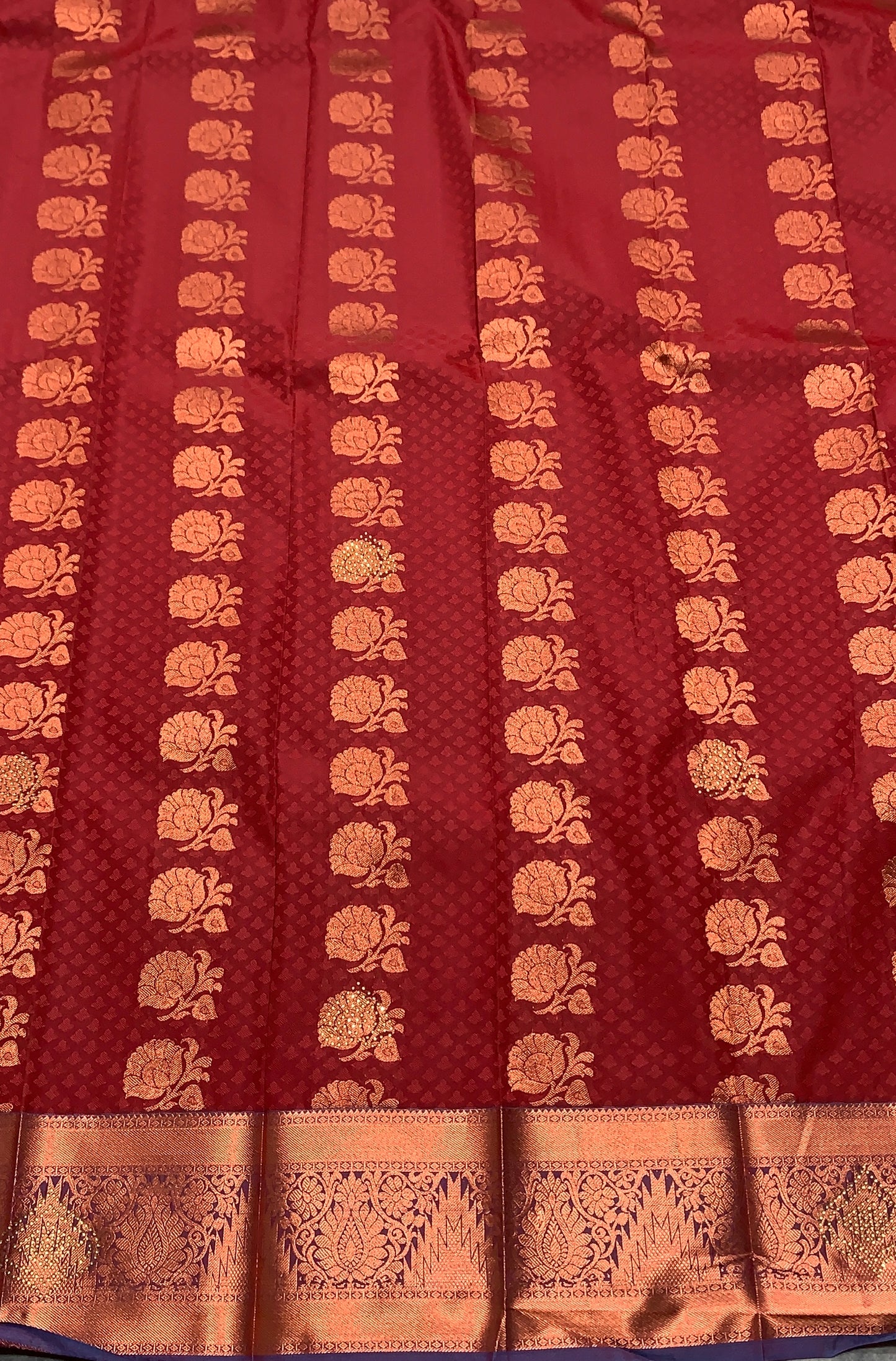 Vegan Silk Saree Maroon Colour with Copper Floral Design Border
